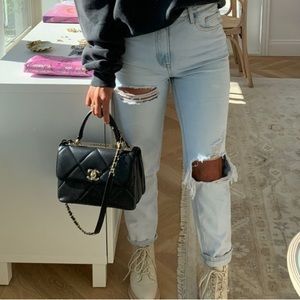 NASTY GAL LIGHT WASH DISTRESSED MOM JEANS